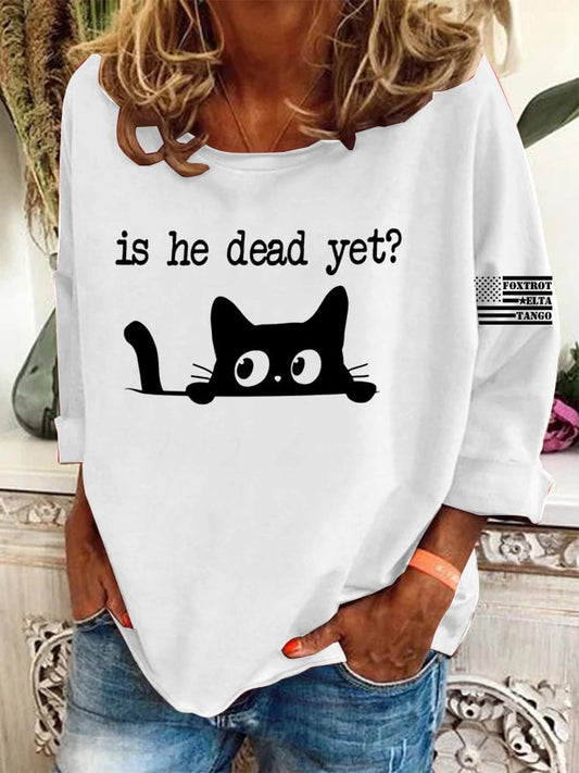Women's Casual Long-Sleeved Round-Neck Cat Print Loose T-Shirt