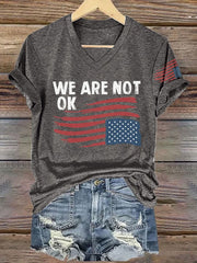 V-neck Retro We Are Not Ok Print T-Shirt