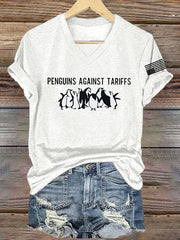 V-Neck Retro Penguins Against Tariffs Print T-Shirt