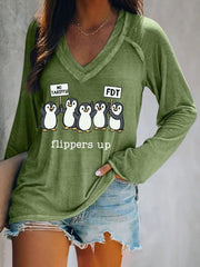 Women's Penguins Flippers Up Print V Neck T-Shirt