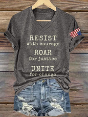 V-Neck Retro Resist With Courage Roar For Justice Unite For Change Print T-Shirt