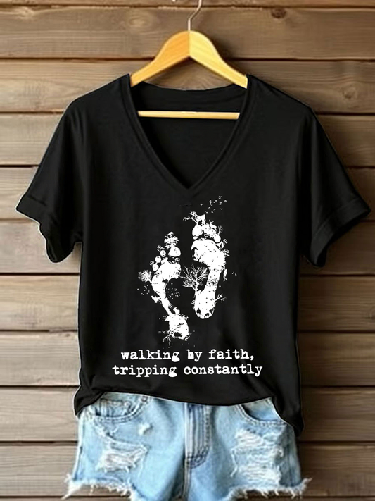 Women's Walking By Faith Tripping Constantly Printed Casual T-Shirt