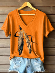 Women's Tribal Feather Print V-Neck T-Shirt