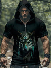 Men's Native American Wolf Hooded Short Sleeve T-Shirt