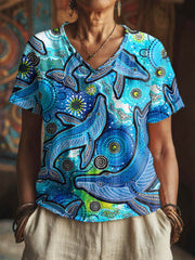 Women's Indigenous Fin Whale art-print V-neck tops