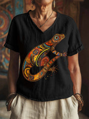 Women's Indigenous Lizard Art Print V-Neck Tops