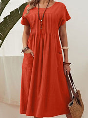 Women's Solid Color Round Neck Pocket Pleated Short Sleeve Cotton Linen Dress