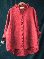 Women's Casual Cotton And Linen Ruffle Shirt