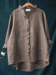 Women's Casual Cotton And Linen Ruffle Shirt