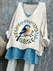 Women's Floral and Bird Embroidered Linen Shirt