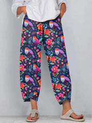 Women's Floral and Bird Embroidered Linen Pants