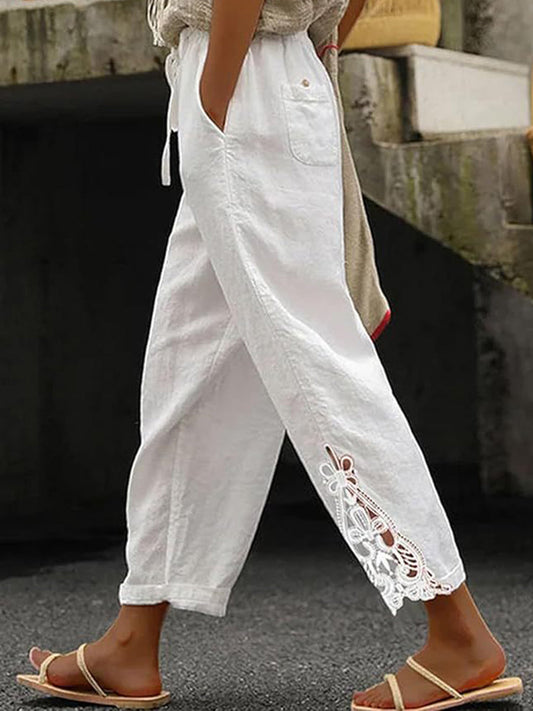 Women's Elegant Lace Patchwork Linen Pants
