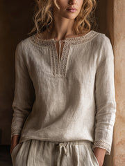 Women's Vintage Lace Patchwork Linen Shirt