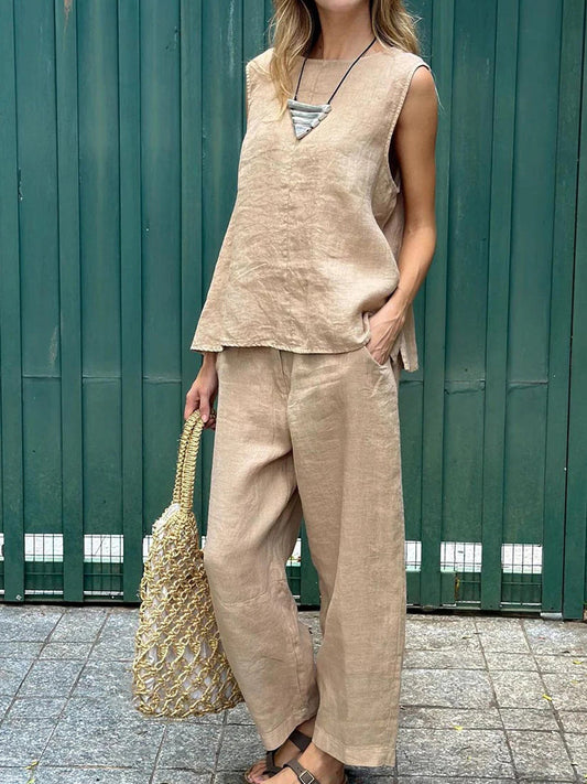 Women's Simple Solid Color Linen Set