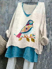 Women's Floral and Bird Embroidered Linen Shirt