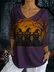 Women's Halloween Cute Witch Black Cats Print Casual Half-Sleeve Top