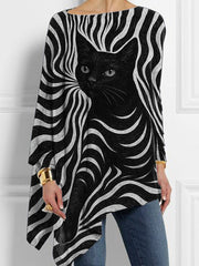 Women's Halloween Black Cat Stripes Print Casual Top