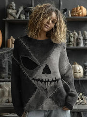 Women's Halloween Spooky Face Stitched Print Sweater
