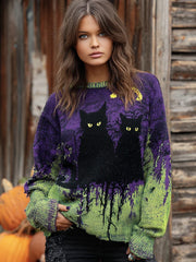 Women's Halloween Black Cat Art Women's Knitted Sweater
