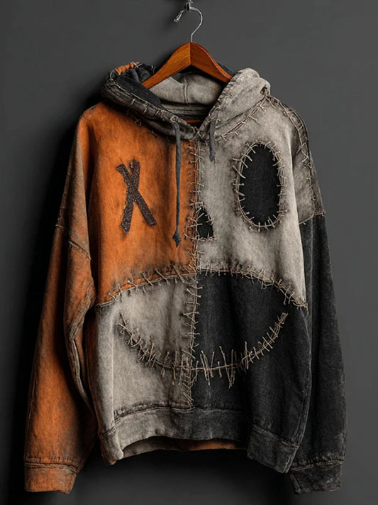 Men's Halloween Pumpkin Face Colorblock Patchwork Hoodie