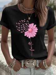 Women's Pink Ribbon Sunflower Print Breast Cancer Awareness Support Tee