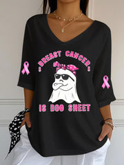Women's Breast Cancer Pink Ribbon Ghost Print V-Neck Half-Sleeve T-Shirt