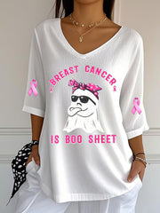 Women's Breast Cancer Pink Ribbon Ghost Print V-Neck Half-Sleeve T-Shirt