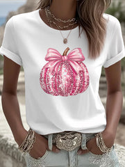 Women's Pink Pumpkin Print Breast Cancer Awareness Support Tee