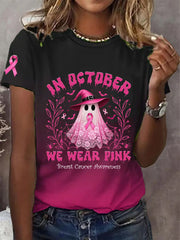 Women's Breast Cancer Pink Ribbon Pumpkin Ghost Print Short Sleeve T-Shirt