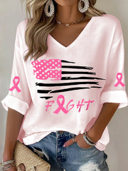 Women's Breast Cancer Pink Ribbon Flag Waffle Print Casual T-Shirt