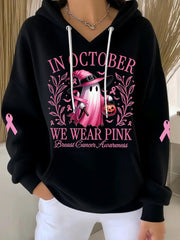 Women's In October We Wear Pink Halloween Pink Ghost Print Breast Cancer Awareness Hoodie