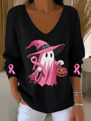 Women's Breast Cancer Pink Ribbon Ghost Pumpkin V-Neck Ribbed Top