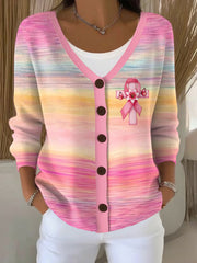 Women's Breast Cancer Awareness Pink Ribbon Print Casual Cardigan