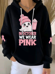 Women's In October We Wear Pink Halloween Pink Ghost Print Breast Cancer Awareness Hoodie
