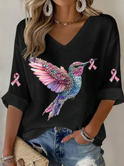 Women's Breast Cancer Hummingbird Print Casual T-shirt