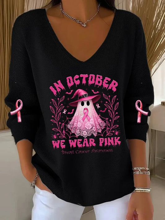 Women's Casual Breast Cancer We Wear October Pink Ghost Pit Stripe Long Sleeve Top