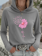 Women's Pink Ribbon Sunflower Faith Breast Cancer Awareness Support Hooded Top