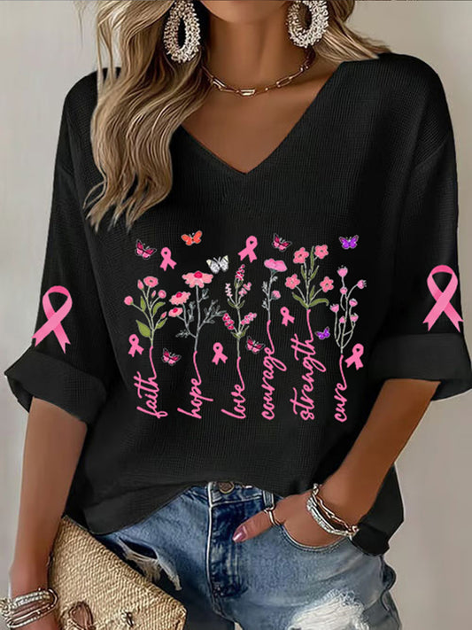 Women's Breast Cancer Awareness Pink Ribbon Faith Printed V-Neck Top
