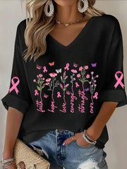 Women's Breast Cancer Awareness Pink Ribbon Faith Printed V-Neck Top