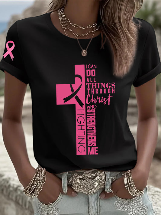 Women's Breast Cancer Awareness Pink Ribbon Faith Cross Short Sleeve T-shirt