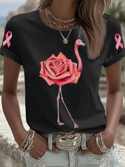 Women's Rose Flamingo Breast Cancer Awareness Short-sleeved T-shirt