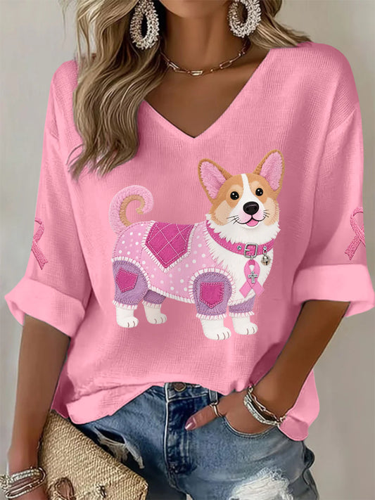 Women's Pink Dog Pink Ribbon Breast Cancer Awareness Support Long-Sleeve T-shirt