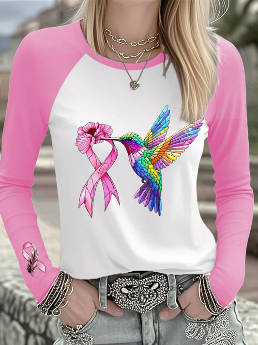 Women's Breast Cancer Hummingbird Pink Ribbon Long-sleeved T-shirt