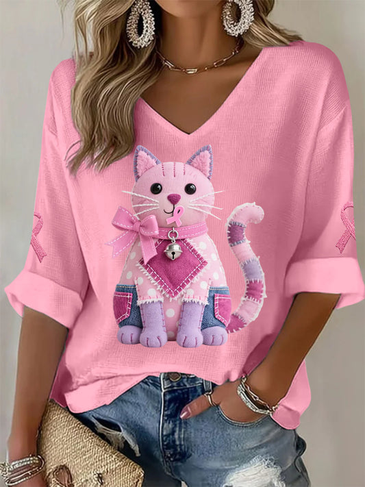 Women's Pink Cat Pink Ribbon Breast Cancer Awareness Support Long-Sleeve T-shirt