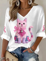 Women's Pink Cat Pink Ribbon Breast Cancer Awareness Support Long-Sleeve T-shirt