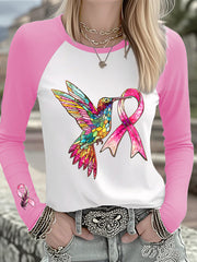Women's Breast Cancer Hummingbird Pink Ribbon Long-sleeved T-shirt