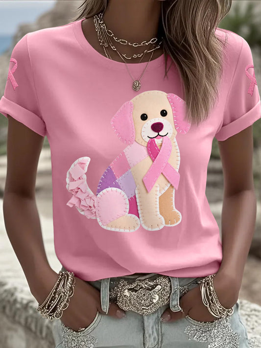Women's Pink Dog Pink Ribbon Breast Cancer Awareness Support Tee