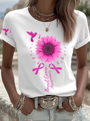 Women's Breast Cancer Awareness Hummingbird Sunflower Pink Ribbon Short Sleeve T-shirt