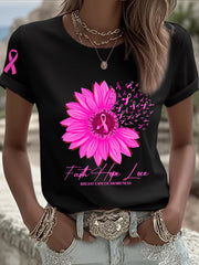 Women's Breast Cancer Awareness Sunflower Pink Ribbon Short Sleeve T-shirt