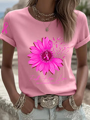 Women's Breast Cancer Awareness Sunflower Pink Ribbon Short Sleeve T-shirt